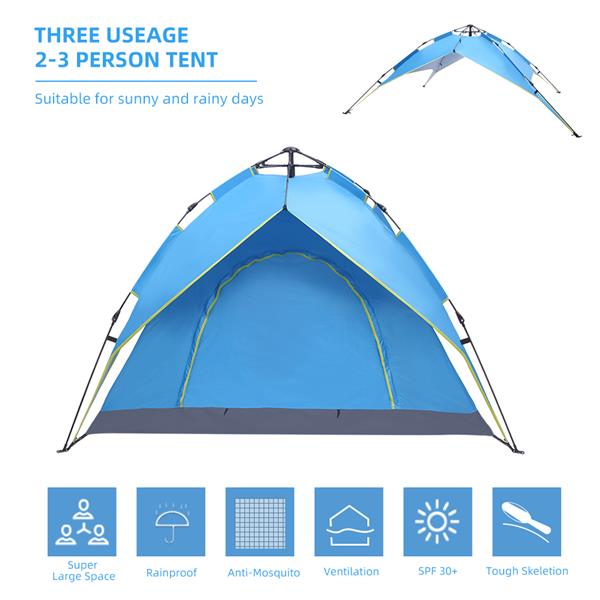 2-3 Person Double-Deck Tow-Door Hydraulic Automatic Tent Free Build Outdoor Tent Blue